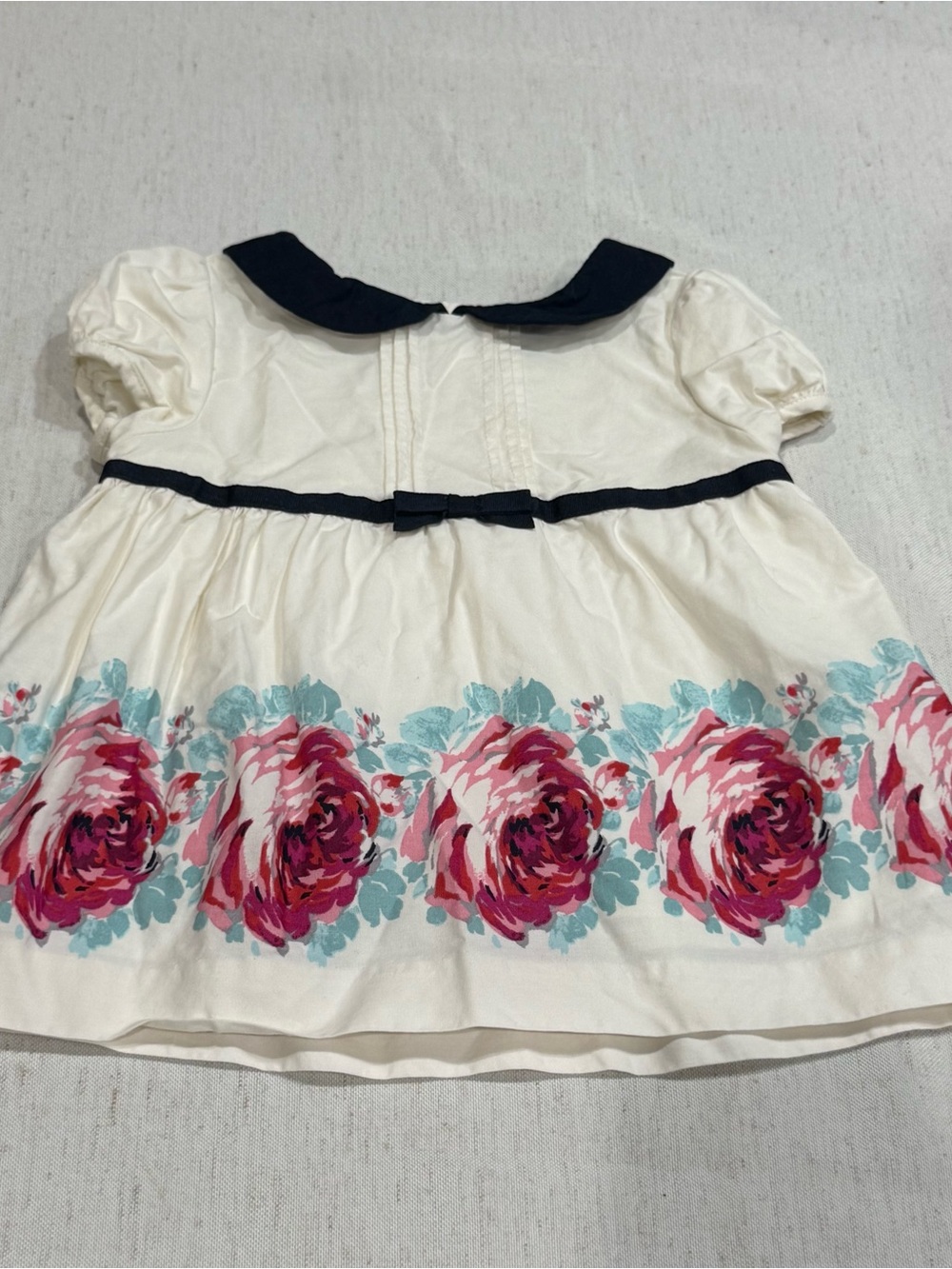 Janie and Jack Cream Dress Navy Collar and Pink Floral Border 12-18m 100% Cotton